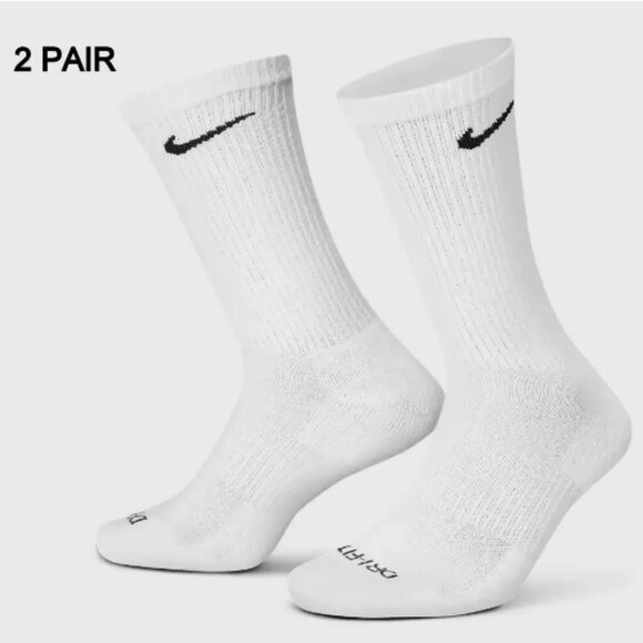 10-13 2 PAIR NIKE EVERYDAY PLUS PERFORMANCE CREW DRI-FIT SOCKS WHITE WOMENS - Picture 1 of 1